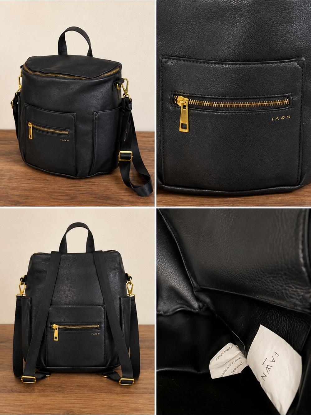 Fawn Design Black Leather Convertible Backpack with Gold Hardware